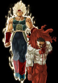 Rule 34 | 2boys, absurdres, armor, bardock, broken armor, cross scar, defeat, dragon ball, dragonball z, facial scar, highres, invincible (series), kin machina, male focus, multiple boys, nolan grayson, omni-man, saiyan, saiyan armor, scar, scar on cheek, scar on face, spiked hair, super saiyan, super saiyan 1