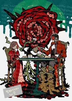 1boy 1girl bistro_table black_gloves black_hair black_shirt brambles bread brooch brown_hair chair closed_eyes cup dress e.g.o_(project_moon) flower flower_on_face food frills full_body gloves highres holding holding_cup holding_pitcher jacket jewelry la_manchaland_(identity)_(project_moon) limbus_company meursault_(project_moon) official_alternate_costume outis_(project_moon) pitcher_(container) popped_collar pouring project_moon red_dress red_jacket rose shirt short_hair sitting teacup thorns too_many_eyes too_many_watermarks ub_5125 watermark yearning-mircalla_(e.g.o)