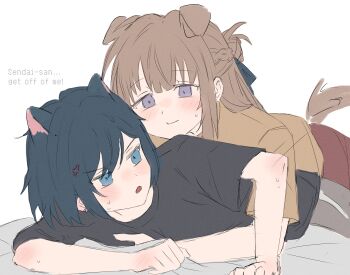 2girls animal_ears black_hair black_shirt blue_eyes blush braid brown_hair brown_shirt cat_ears closed_mouth commentary dog_ears dog_girl dog_tail dutch_angle ear_blush english_text grey_shorts half_up_braid hashtag-only_commentary highres hug hug_from_behind kemonomimi_mode lying_on_person miyagi_shiori multiple_girls neionzero open_mouth purple_eyes red_shorts sendai_hazuki shirt shorts shuuniichido_classmate_wo_kau_hanashi simple_background smile sweat tail white_background yuri