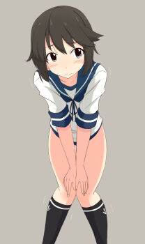 1girl anchor_symbol black_eyes black_socks blue_neckerchief blue_sailor_collar blush brown_hair collarbone commentary_request embarrassed feet_out_of_frame hair_between_eyes kantai_collection kneehighs knees_together_feet_apart kugui_kiyunemu leaning_forward looking_at_viewer medium_hair miyuki_(kancolle) motion_lines neckerchief no_pants pussy_juice sailor_collar shirt short_sleeves sidelocks socks solo thighs white_shirt