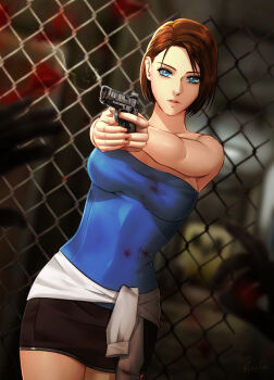 1girl aiming black_skirt blood blood_on_clothes blue_eyes blue_tube_top brown_hair clothes_around_waist esther_shen gun handgun holding holding_gun holding_weapon jill_valentine miniskirt pov pov_hands resident_evil resident_evil_3:_nemesis short_hair skirt strapless sweater sweater_around_waist tube_top weapon wire_fence