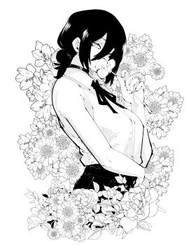 1girl absurdres chainsaw_man choker flower greyscale hair_between_eyes hair_bun highres holding holding_flower miregeist monochrome neck_ribbon reze_(chainsaw_man) ribbon shirt shirt_tucked_in sleeveless sleeveless_shirt solo