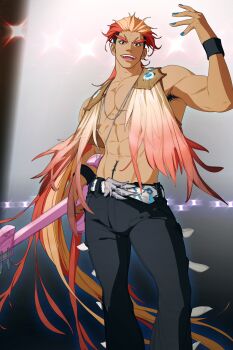 1boy abs arm_up armband armpit_hair bare_pectorals belt belt_buckle black_pants blonde_hair blue_eyeshadow blue_nails buckle collarbone commentary contrapposto dizdoodz english_commentary eyeshadow feathers feet_out_of_frame fingernails forked_eyebrows gen_1_pokemon groin guitar highres holding holding_guitar holding_instrument humanization instrument jewelry looking_at_viewer makeup male_focus multicolored_hair nail_polish navel necklace nintendo pants pectorals pidgeot pokemon red_eyes red_hair smile solo teeth thick_eyebrows toned toned_male tongue topless_male upper_teeth_only