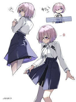 1girl carimarica chaldea_logo chaldea_uniform fate/grand_order fate_(series) glasses hair_over_one_eye highres jacket long_sleeves mash_kyrielight necktie purple_eyes purple_hair short_hair skirt smile solo_focus white_jacket white_necktie