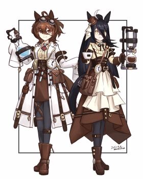 2girls absurdres agnes_tachyon_(umamusume) ahoge alternate_costume animal_ears ascot bag black_hair black_pantyhose black_ribbon boots breasts brown_corset brown_footwear brown_hair brown_skirt clock coat coffee coffee_maker coffee_pot corset cup dated dress flask frilled_dress frilled_shirt frills goggles goggles_on_head hair_between_eyes hat highres holding holding_cup horse_ears horse_girl horse_tail lab_coat large_breasts leather leather_belt leather_boots long_hair_between_eyes long_sleeves looking_at_viewer manhattan_cafe_(umamusume) mejiro_mcqueen_(umamusume) mini_hat mini_top_hat multiple_girls pantyhose pouch red_ascot red_eyes ribbon round-bottom_flask satchel shirt signature simple_background skirt sleeves_past_fingers sleeves_past_wrists smile sumikaracafe tail test_tube tilted_headwear top_hat umamusume white_background white_coat white_hair yellow_dress yellow_eyes yellow_shirt