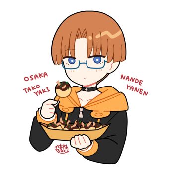 1boy angel_beats! black_choker black_hoodie blue-framed_eyewear blue_eyes blush brown_hair choker closed_mouth collarbone cropped_torso food glasses holding holding_food hood hood_down hoodie long_sleeves male_focus nakamura_hinato nandeyanen puffy_long_sleeves puffy_sleeves romaji_text semi-rimless_eyewear short_hair simple_background sleeves_past_wrists solo takeyama_(angel_beats!) takoyaki under-rim_eyewear upper_body white_background