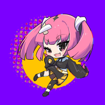 1girl :3 artist_request belt black_eyes black_shirt black_skirt blush_stickers breasts chibi clenched_teeth coral_(pokemon) eyelashes fang hair_ornament highres long_sleeves low_angle medium_breasts nintendo off-shoulder_shirt off_shoulder pink_hair pokemon pokemon_(anime) pokemon_horizons shirt simple_background skirt sleeves_past_wrists smug solo teeth twintails yellow_belt