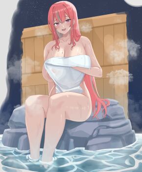 1girl :d absurdres areola_slip azur_lane bare_shoulders bathing breasts bremerton_(azur_lane) cleavage collarbone commentary covering_breasts covering_privates fang fence full_moon grey_hair hair_between_eyes hair_down hair_intakes highres large_breasts long_hair looking_at_viewer mole mole_on_breast mole_under_eye moon multicolored_hair naked_towel night nude nude_cover onsen open_mouth outdoors pink_eyes pink_hair rock sidelocks sitting smile soaking_feet solo steam stinko streaked_hair towel two-tone_hair water wet wooden_fence