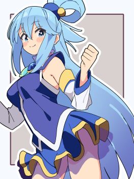 1girl aqua_(konosuba) bare_legs beads blue_eyes blue_hair blue_skirt blue_vest blush_stickers border breasts brooch clenched_hand commentary cowboy_shot detached_sleeves grey_background hair_beads hair_between_eyes hair_ornament hair_rings highres jewelry kono_subarashii_sekai_ni_shukufuku_wo! large_breasts long_hair long_sleeves looking_at_viewer noyama_takenoko outline outside_border simple_background single_hair_ring skirt smile solo very_long_hair vest white_border white_outline