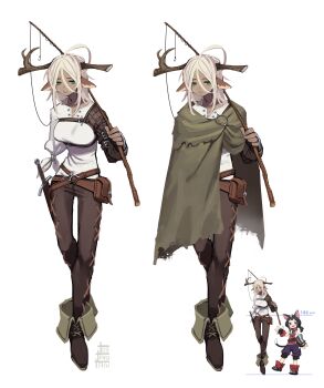 2girls absurdres amputee animal_ears antlers belt belt_pouch boots broken_antler reference_sheet cloak commentary cross-laced_clothes dark-skinned_female dark_skin deer_antlers deer_ears english_commentary fantasy fishing_rod full_body green_eyes height_difference highres hook horns hunched_over multiple_girls original parted_lips platinum_blonde_hair pouch scar shirt signature sword tall_female tostantan weapon white_background white_shirt