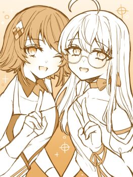 Rule 34 | 2girls, ahoge, commentary request, flipped hair, glasses, hair ornament, hairclip, heywood l. edwards (anniversary) (kancolle), heywood l. edwards (kancolle), highres, index finger raised, kantai collection, long hair, monochrome, multiple girls, nagi kantai114, official alternate costume, orange eyes, richard p. leary (anniversary) (kancolle), richard p. leary (kancolle), short hair, upper body