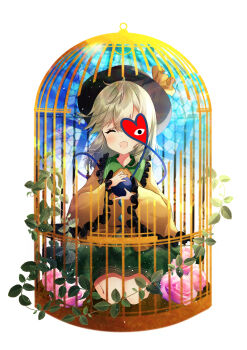 1girl absurdres birdcage blush buttons cage closed_eyes collared_shirt commentary contrast_collar diamond_button flower frilled_shirt_collar frilled_sleeves frills green_hair green_skirt heart heart_of_string highres koishi_day komeiji_koishi leaf long_sleeves medium_hair nettian51 one_eye_covered open_mouth pink_flower pink_rose rose seiza shirt simple_background sitting skirt solo third_eye touhou white_background wide_sleeves yellow_shirt