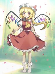 Rule 34 | 1girl, ascot, blonde hair, crystal wings, dress, flandre scarlet, frilled dress, frills, full body, hat, hat ribbon, highres, nene man, puffy short sleeves, puffy sleeves, red dress, red eyes, red ribbon, ribbon, short sleeves, side ponytail, smile, socks, solo, touhou, white mob cap, wrist cuffs, yellow ascot