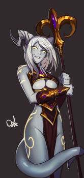 1girl breasts brown_background brown_dress clothing_cutout colored_sclera colored_skin distr draenei dress grey_skin highres holding holding_staff horns large_breasts looking_at_viewer pelvic_curtain prehensile_tail priest_(warcraft) revealing_clothes segmented_horns signature simple_background smile solo staff tail underboob underboob_cutout vambraces warcraft white_hair world_of_warcraft yellow_eyes yellow_sclera