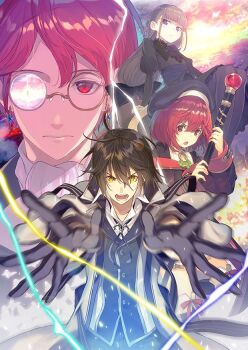 2boys 2girls alec_ygret ascot black_dress black_hair black_hat black_vest brown_hair coat dress glasses gloves green_ascot hat long_hair loose_clothes mikata_ga_yowasugite_hojo_mahou_ni_tesshiteita_kyuutei_mahoushi_tsuihou_sarete_saikyou_wo_mezashimasu multiple_boys multiple_girls off-shoulder_coat off_shoulder outstretched_arms oversized_clothes riku_(hojomajo) rosa_arhatia short_hair sleeves_past_fingers sleeves_past_wrists vest white_coat yellow_eyes yorha_eisenz yuunagi_(seventh_heaven)