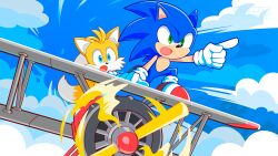 Rule 34 | 2boys, absurdres, aircraft, airplane, animal ears, artist request, bad source, biplane, blue eyes, blue sky, fox ears, fox tail, furry, furry male, green eyes, highres, male focus, multiple boys, official art, open mouth, outdoors, pointing, sky, sonic (series), sonic the hedgehog, tail, tails (sonic), third-party source, tornado (airplane) (sonic)