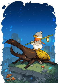 bamboo bandaged_leg bandages beetle bird bug building commentary duck english_commentary grass hercules_beetle highres hitodama insect kamokyun lantern mushroom night original outdoors overgrown plant post-apocalypse red_scarf rhinoceros_beetle scar scarf scenery shooting_star skyscraper star_(sky)