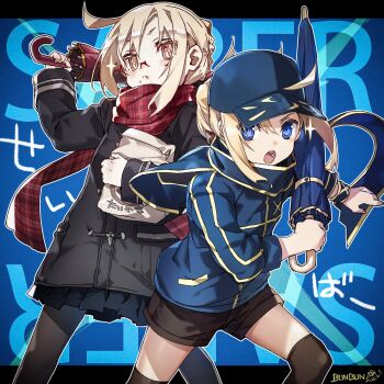 2girls :o artoria_pendragon_(fate) bag baseball_cap black_jacket black_pantyhose black_thighhighs blonde_hair blue_eyes blue_jacket blue_scarf braid bunbun commentary_request eating fate/grand_order fate_(series) food food_on_face hat highres holding holding_bag holding_umbrella jacket miniskirt multiple_girls mysterious_heroine_x_(fate) mysterious_heroine_x_alter_(fate) open_mouth pale_skin pantyhose plaid_clothes plaid_skirt pleated_skirt ponytail red_scarf scarf short_shorts shorts signature skirt sparkle thighhighs umbrella yellow_eyes