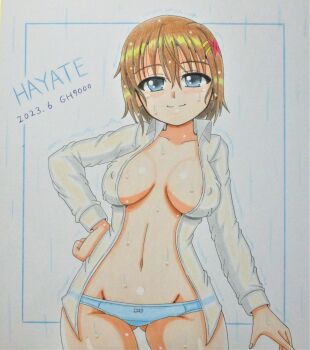 1girl absurdres areola_slip blue_eyes blue_panties blush breasts breasts_apart brown_hair character_name closed_mouth collarbone covered_erect_nipples dated gh9000 hair_ornament highres large_breasts looking_at_viewer lyrical_nanoha mahou_shoujo_lyrical_nanoha_strikers navel no_bra panties shirt short_hair smile solo underwear wet wet_clothes wet_shirt x_hair_ornament yagami_hayate