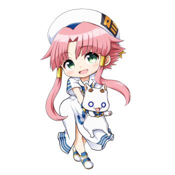 1girl :d animal aria_(manga) aria_pokoteng beret blush cat chibi commentary_request dress full_body green_eyes hat highres holding holding_animal kuena long_hair looking_at_viewer mizunashi_akari open_mouth parted_bangs pink_hair shoes short_sleeves simple_background smile very_long_hair white_background white_cat white_dress white_hat white_shoes