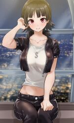 Rule 34 | 1girl, black jacket, blunt bangs, blurry, blurry background, blush, braid, breasts, brown hair, closed mouth, collarbone, commentary request, cropped jacket, crown braid, eyelashes, feet out of frame, hand up, highres, jacket, jewelry, kurosususu, leather, leather jacket, looking at viewer, medium breasts, midriff, navel, necklace, niijima makoto, open clothes, open jacket, persona, persona 5, persona 5 scramble: the phantom strikers, raised eyebrows, red eyes, revision, shirt, short hair, short sleeves, shy, sitting, smile, solo, split mouth, textless version, unzipped, white shirt, zipper