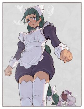 2girls apron black_romper blunt_bangs blush bow bowtie braid braided_ponytail breasts closed_eyes closed_mouth commentary_request dark-skinned_female dark_skin dress fascinator gloves green_hair highres jacinthe_(pokemon) juliet_sleeves lebanne_(pokemon) long_braid long_hair long_sleeves maid maid_apron maid_headdress master_and_servant mega_stone multiple_girls mumumi nintendo pokemon pokemon_legends:_z-a puffy_sleeves purple_dress purple_hair romper smile thighhighs tsurime very_dark_skin white_bow white_bowtie white_gloves white_thighhighs