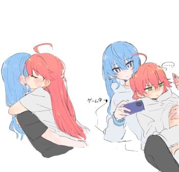 ... 2girls between_legs black_shirt blue_eyes blue_hair blush cellphone closed_mouth clothes_lift dotty-44 ear_blush ear_licking earrings green_eyes holding holding_phone hololive hood hoodie hoodie_lift hoshimachi_suisei hug jewelry licking long_hair multiple_girls phone pink_hair sakura_miko shirt simple_background smartphone spoken_ellipsis translation_request virtual_youtuber white_background white_hoodie white_shirt yuri