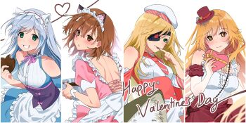 4girls alternate_breast_size_(smaller) animal_ears back_cutout blonde_hair blue_dress blush bow bowtie breasts brown_eyes brown_hair candy cat chocolate chocolate_heart chocolate_on_hand cleavage clothing_cutout commentary cross-laced_clothes cross-laced_dress dress english_text eyepatch fake_animal_ears food food_on_face food_on_hand from_behind green_eyes grey_hair grin hair_between_eyes hair_ornament hairclip happy_valentine harumi61 hat head_out_of_frame heart heart-shaped_food highres holding holding_chocolate holding_food index_(toaru_majutsu_no_index) lace licking licking_finger long_hair medium_breasts medium_hair mini_hat mini_top_hat misaka_mikoto multiple_girls official_alternate_costume othinus parted_lips pink_bow pink_bowtie pink_dress pink_hat shokuhou_misaki shoulder_cutout small_breasts smile sparkling_eyes sphinx sphinx_(toaru_majutsu_no_index) strap string string_of_fate toaru_kagaku_no_railgun toaru_majutsu_no_index toaru_majutsu_no_index:_imaginary_fest toaru_majutsu_no_index:_new_testament top_hat valentine white_hat white_tiara