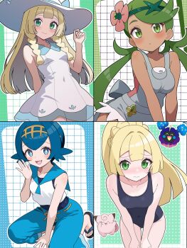 3girls alternate_costume clefairy cosmog gen_1_pokemon gen_7_pokemon highres lana_(pokemon) legendary_pokemon lillie_(pokemon) mallow_(pokemon) multiple_girls nintendo odorukaminoke pokemon pokemon_sm school_swimsuit swimsuit