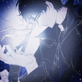 2boys 8612starreader black_coat black_hair bloom closed_eyes coat feathered_wings full_body hashtag-only_commentary highres in_palm kim_dokja male_focus mini_person miniboy multiple_boys omniscient_reader's_viewpoint open_clothes open_coat reaching reaching_towards_another short_hair sky standing standing_on_another's_hand star_(sky) starry_sky white_coat white_wings wings yoo_joonghyuk