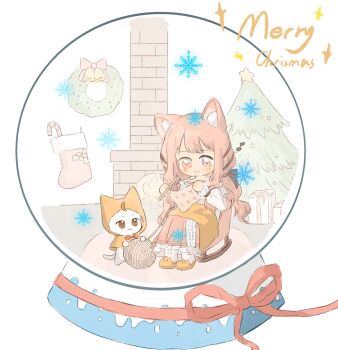 1girl :3 absurdres ahoge animal animal_ear_fluff animal_ears animal_slippers bell black_bow black_ribbon blanket blunt_bangs blush_stickers bow bowtie brown_eyes bunny_slippers carpet cat cat_ears cat_girl chair chibi chinese_commentary christmas christmas_stocking christmas_tree christmas_wreath cloak closed_mouth clothed_animal commentary_request downturned_eyes ear_covers fire frilled_shirt frilled_skirt frilled_sleeves frills hair_bow hair_ribbon highres holding holding_needle hood hood_up hooded_cloak infinity_nikki kemonomimi_mode knitting knitting_needle layered_skirt long_hair long_skirt long_sleeves looking_at_object low_twintails merry_christmas miaoliang01075 momo_(nikki) musical_note needle nikki_(nikki) nikki_(series) off-shoulder_shirt off_shoulder on_chair perfect_start_(infinity_nikki) pink_eyes pink_hair pink_skirt pleated_skirt puffy_long_sleeves puffy_sleeves red_bow red_bowtie ribbon rocking_chair shirt simple_background sitting skirt sleeves_past_wrists slippers smile snow_globe snowflakes socks sparkle traditional_bowtie tress_ribbon twintails very_long_hair wavy_hair white_background white_cat white_shirt white_skirt white_socks wreath yarn yarn_ball yellow_cloak yellow_slippers