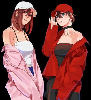 2girls alternate_breast_size_(larger) alternate_eye_color ayase_momo baseball_cap black_choker black_dress black_hair blue_eyes boruto:_two_blue_vortex bra_strap breasts brown_hair choker collarbone crossover dandadan drawink dress earrings hat highres hoop jacket jewelry large_breasts medium_breasts medium_hair multiple_girls naruto_(series) no_eyewear off_shoulder pink_jacket red_eyes red_hat red_jacket short_hair sleeves_past_wrists strapless strapless_dress tube_dress tube_top uchiha_sarada white_hat white_tube_top