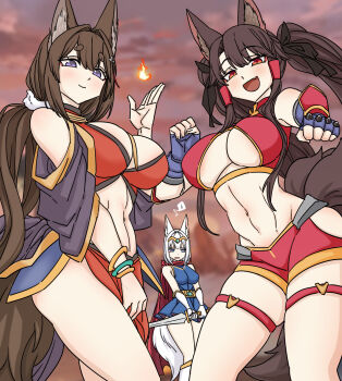 3girls :d akagi_(azur_lane) alternate_hairstyle amagi_(azur_lane) animal_ears azur_lane bare_shoulders between_legs blue_dress blue_eyes blush breasts brown_hair cape cleavage clenched_hands clothing_cutout cosplay dress eyeshadow fang fighting_stance fingerless_gloves fire fox_ears fox_girl fox_tail from_side gauntlets gloves hair_between_eyes hair_ornament hair_over_one_eye hairclip hand_between_legs hand_up highres hip_focus holding holding_sword holding_weapon javelin_(a_legend_is_born?!)_(azur_lane) javelin_(azur_lane) javelin_(azur_lane)_(cosplay) kaga_(azur_lane) kitsune large_breasts long_hair makeup medium_hair midriff multiple_girls multiple_tails navel open_mouth orange_eyes oukama outdoors purple_eyes pyrokinesis red_cape red_eyeshadow red_shorts revealing_clothes short_shorts shorts sideless_outfit skindentation smile sword tail thigh_strap thighs twintails unamused underboob underboob_cutout very_long_hair weapon white_hair z23_(azur_lane) z23_(azur_lane)_(cosplay) z23_(upgrade_failure?!)_(azur_lane)
