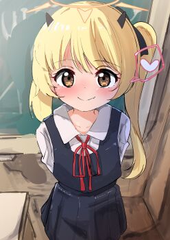 168admiral_(sunflower) 1girl absurdres arms_behind_back black_dress black_horns black_ribbon blonde_hair blue_archive brown_eyes chalkboard close_mouth collared_shirt commentary_request cowboy_shot demon_horns dress hair_ribbon heart highres horns ibuki_(blue_archive) indoors long_hair looking_at_viewer neck_ribbon pinafore_dress red_ribbon ribbon shirt sleeveless sleeveless_dress smile solo spoken_heart upturned_eyes white_shirt