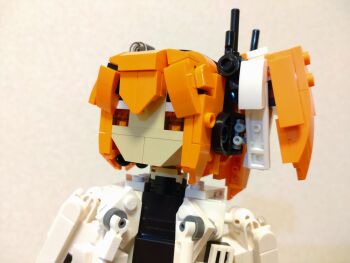 Rule 34 | 1girl, a.i. voice, adachi rei, black shirt, choroli (chorolin), hair ribbon, headlamp, highres, jacket, lego (medium), medium hair, one side up, open clothes, open jacket, orange eyes, orange hair, radio antenna, ribbon, shirt, solo, unconventional media, upper body, utau, white jacket, white ribbon