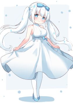 1girl blue_bow blue_eyes blue_shoes border bow breasts closed_mouth commentary_request dress full_body grey_background hair_bow halter_dress halterneck high_heels large_breasts long_hair looking_at_viewer miria_(mamamamave) original pantyhose shoes skirt_hold sleeveless sleeveless_dress smile solo turtleneck turtleneck_dress twintails white_border white_dress white_hair white_pantyhose