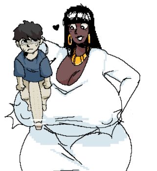 1boy 1girl absurdres age_difference blush bottomless breasts censored cleavage covered_erect_nipples dark-skinned_female dark_skin earrings gold_earrings gold_necklace heart heart-shaped_pupils highres hoop_earrings huge_breasts huge_penis interracial jewelry looking_at_another medievalskeletonxv necklace penis pixel_art shota symbol-shaped_pupils