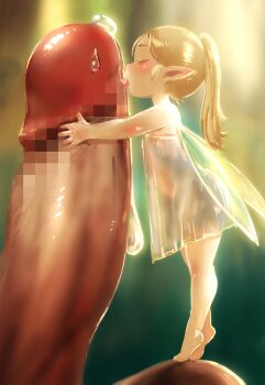 1boy 1girl babu barefoot blonde_hair blush censored closed_eyes dress erection fairy fairy_wings feet fellatio hetero high_ponytail hug koonago licking loli long_hair mini_person minigirl mosaic_censoring oral original penis penis_hug pointless_censoring pointy_ears ponytail precum see-through_clothes see-through_silhouette size_difference solo_focus testicles tiptoes tongue_out tongue white_dress wings