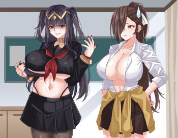 2girls absurdres alternate_costume black_hair black_nails black_pantyhose black_skirt blunt_bangs breasts brown_hair chalkboard cleavage clothes_around_waist commentary_request commission contemporary cowboy_shot fire_emblem fire_emblem_awakening fire_emblem_fates hand_on_own_hip hands_up highres kagero_(fire_emblem) large_breasts multiple_girls nail_polish navel nintendo pantyhose pleated_skirt rynn_(darknescorez) school_uniform skirt stomach sweater sweater_around_waist tharja_(fire_emblem)