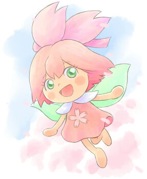 1girl anpanman barefoot blush blush_stickers cherry_blossoms chibi cloud dress fairy fairy_wings floral_print flying green_eyes hair_ribbon looking_at_viewer open_mouth petals pink_dress pink_hair pink_ribbon print_dress ribbon sakura-chan_(anpanman) short_hair sky sleeveless sleeveless_dress smile spring_(season) tree wings yamanokonza