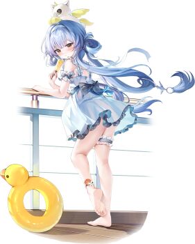 Rule 34 | 1girl, against railing, aqua dress, aqua hair, armband, barefoot, blue ribbon, bow, dress, duck innertube, feet, flower anklet, food, frilled armband, frilled straps, frilled thigh strap, frills, from behind, full body, game cg, guzangnanfeng, hair extensions, hair rings, hairband, hand on railing, holding, holding food, holding popsicle, innertube, jewelry, large bow, legs, long hair, looking at viewer, low-tied hair ring, melting popsicle, non-web source, nono (oath) (poker fate), nono (poker fate), official alternate costume, official art, poker fate, popsicle, quad hair rings, railing, ribbon, ring hair extensions, ring hair ornament, see-through clothes, see-through dress, solo, stuffed animal, stuffed toy, stuffed toy on head, stuffed unicorn, swim ring, tearing up, thigh strap, thighlet, transparent background, white hairband, white ribbon, yellow eyes