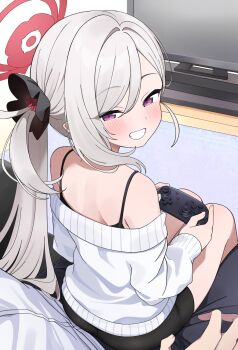 1boy 1girl alternate_costume black_flower blue_archive blush clenched_teeth controller flower game_controller grey_hair grin hair_flower hair_ornament halo highres hiroikara_(smhong04) holding holding_controller holding_game_controller long_hair looking_at_viewer looking_back mutsuki_(blue_archive) off_shoulder pointy_ears red_halo side_ponytail sitting sitting_on_lap sitting_on_person smile solo_focus sweater teeth television white_sweater