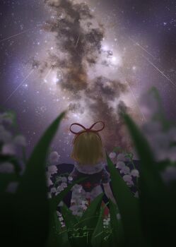 1girl absurdres black_shirt blonde_hair blurry blurry_foreground commentary depth_of_field facing_away field flower flower_field from_behind hair_ribbon highres lily_of_the_valley medicine_melancholy milky_way otomeza_ryuseigun outdoors red_ribbon red_skirt ribbon shirt skirt solo star_(sky) touhou white_flower