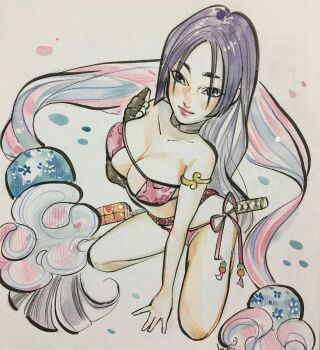 1girl armlet armpits bare_shoulders beads bikini blush breasts choker cleavage collarbone covered_erect_nipples eyepatch_bikini fate/grand_order fate_(series) jewelry katana kneeling large_breasts lips long_hair looking_at_viewer minamoto_no_raikou_(fate) minamoto_no_raikou_(fate/grand_order) minamoto_no_raikou_(swimsuit_lancer)_(fate) minamoto_no_raikou_(swimsuit_lancer)_(third_ascension)_(fate) navel parted_bangs peach_momoko purple_bikini purple_eyes purple_hair shawl simple_background solo swimsuit sword thighs traditional_media very_long_hair weapon