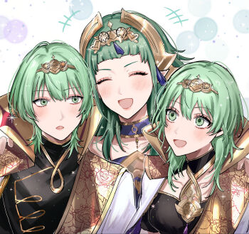1boy 2girls alternate_hair_color armor blush breasts cape closed_eyes commentary_request dress female_byleth_(awakened)_(fire_emblem) female_byleth_(enlightened_one)_(fire_emblem) female_byleth_(fire_emblem) fire_emblem fire_emblem:_fortune&#039;s_weave fire_emblem:_three_houses green_eyes green_hair hair_between_eyes hair_ornament headpiece highres large_breasts long_hair looking_at_viewer male_byleth_(awakened)_(fire_emblem) male_byleth_(enlightened_one)_(fire_emblem) male_byleth_(fire_emblem) medium_breasts medium_hair multiple_girls mystical_high_collar nintendo open_mouth pointy_ears purple_dress short_hair smile sothis_(adult)_(fire_emblem) sothis_(fire_emblem) tani11a tassel tassel_hair_ornament tiara upper_body