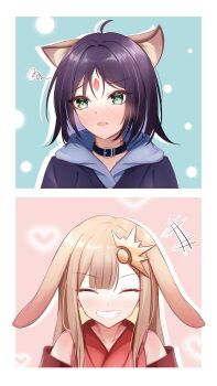 Rule 34 | 2girls, absurdres, animal ears, bare shoulders, black choker, blonde hair, blue background, blue hoodie, blunt bangs, blush, changing hair color, cho kaguya-hime!, choker, closed eyes, collar, commentary request, forehead jewel, fox ears, green eyes, hair ornament, highres, hood, hoodie, japanese clothes, kaguya (cho kaguya-hime!), kimono, long hair, looking at another, looking at viewer, lop rabbit ears, multiple girls, mumi daohu, open mouth, parted hair, pink background, purple hair, rabbit ears, red kimono, sakayori iroha, shirt, short hair, smile, upper body, yuri