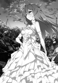 1girl :3 breasts cloud collarbone dress elbow_gloves fangs flipped_hair flower from_side gloves greyscale hair_between_eyes hair_flower hair_ornament half-closed_eyes hand_on_own_hip highres latimeriya_(nanoka_no_kuigami) lips long_dress long_hair medium_breasts monochrome nanoka_no_kuigami nauribon non-web_source novel_illustration official_art outdoors rubble ruins sky smile solo standing strapless strapless_dress utility_pole v-shaped_eyebrows wedding_dress