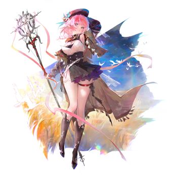 1girl absurdres arm_behind_head armpits belt beret bird black_dress black_hat black_shoes black_socks blue_eyes breasts brown_jacket ch1g0m cleavage commentary dress full_body grass hat high_heels highres holding holding_staff jacket looking_at_viewer medium_breasts medium_hair open_mouth original pink_hair pleated_skirt pointy_ears red_ribbon ribbon shoes side_slit simple_background skirt socks solo staff symbol-only_commentary tall_grass thigh_gap thigh_strap thighs white_background