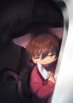 1girl animal_ears braid brown_hair cat_ears cat_girl closed_eyes highres holding holding_knife kitchen_knife knife long_hair long_sleeves madotsuki paxio44 pink_shirt pink_sweater print_sweater shadow shirt solo sweater twin_braids twintails yume_nikki