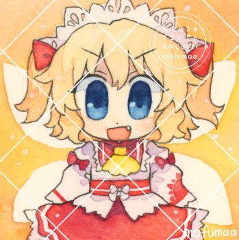 Rule 34 | 1girl, artist name, ascot, blonde hair, blue eyes, chibi, chibi only, commentary, dated, fairy, fairy wings, fang, headdress, highres, looking at viewer, maa (forsythia1729), open mouth, red skirt, shirt, skirt, smile, solo, sunny milk, touhou, traditional media, watermark, watermark grid, white shirt, wings, yellow ascot